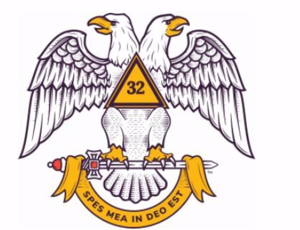 32nd degree logo, double-headed eagle with 32 triangle perched on sword
