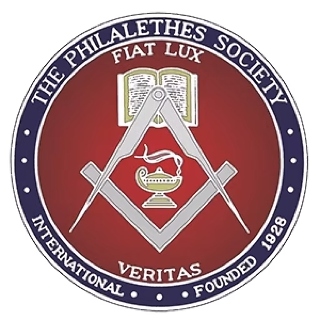 Seal of the Philalethes Society, a circular emblem featuring the square and compasses, an open book, and an oil lamp, with the mottos "Fiat Lux" and "Veritas." Founded internationally in 1928.